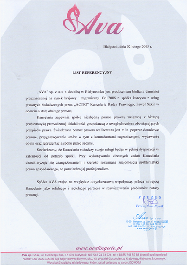 Referencje opisujące współpracę Ava z Kancelarią Radcy Prawnego Paweł Szkil z siedzibą w Białymstoku